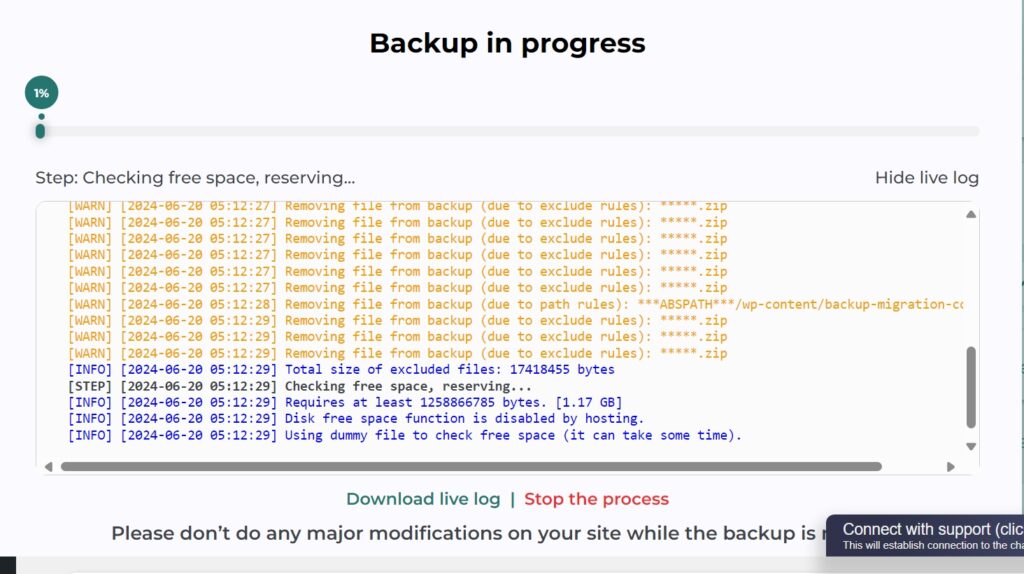 screenshot of BackupBliss Premium log displaying during backup in progress