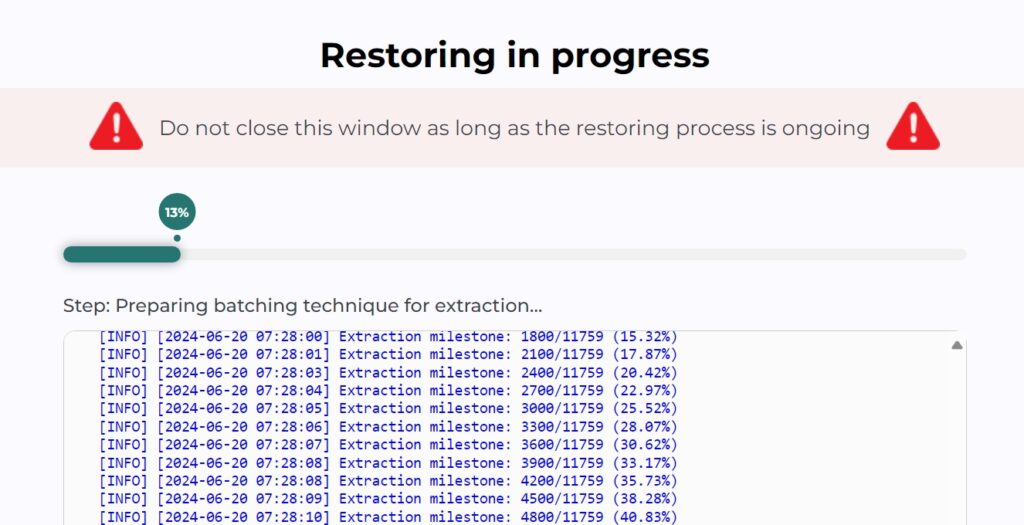 screenshot of BackupBliss log displaying restoring in progress