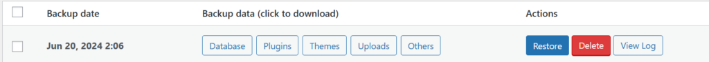 screenshot UpdraftPlus backup with list of buttons showing backup data and Restore, Delete and View Log buttons